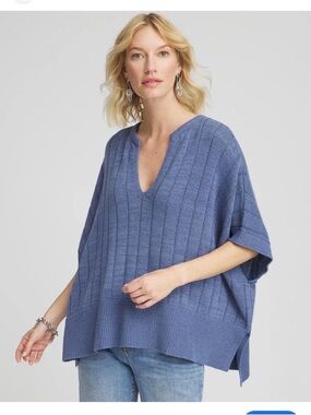 Chico’s Collection split neck, short sleeve poncho oversized one size fit knit